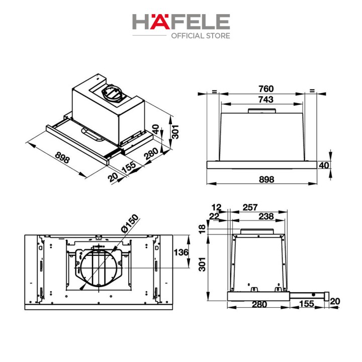 Máy Hút Mùi Âm Tủ HAFELE HH-TG90E (90cm) - 539.81.075 Xuất Xứ Châu Âu Kèm Than Hoạt Tính