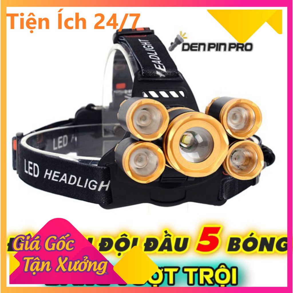 🔐Bảo Hành 3 Năm🔐 Đèn Pin, Đèn Đội Đầu 5 Bóng Led Siêu Sáng, Siêu Tiện Dụng, Chống Nước IP68 - [Tiện Ích 24/7]