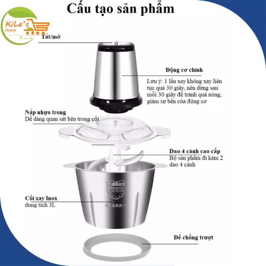 May Xay Thịt Đa Năng 250W Food Processor - Máy Xay Thực Phẩm Có 4 Lưỡi Dao Thép, Lực Xay Nhanh Mạnh