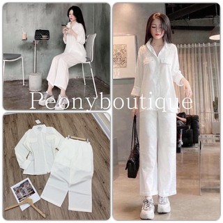 Set đũi trắng dài tay sơ mi nữ [FREESHIP] 🌸 Bộ quần suông ống rộng culottes kèm áo thun xước sơmi túi ngực Ulzzang 🌸