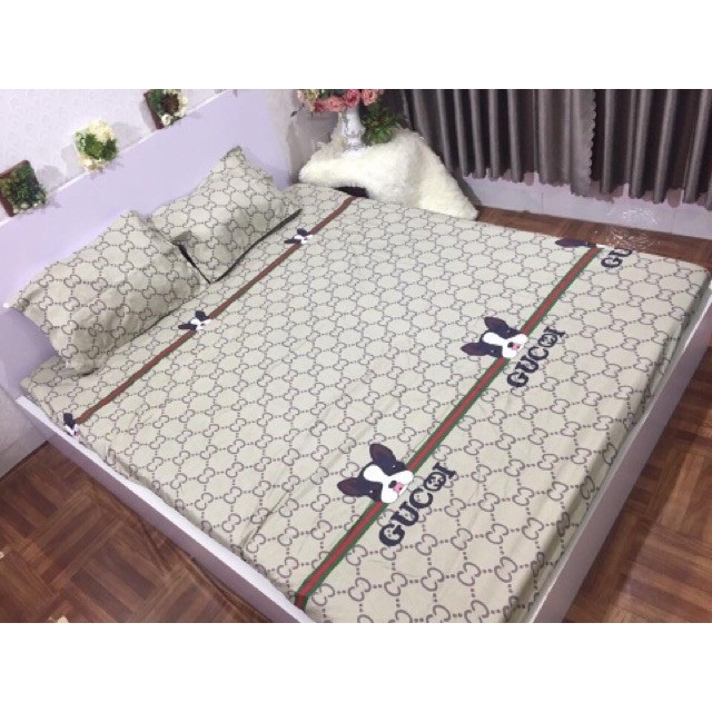 Bộ ga gối poly cotton loại đẹp mẫu Chó Gucci, drap giường bo chun bọc nệm  giá rẻ