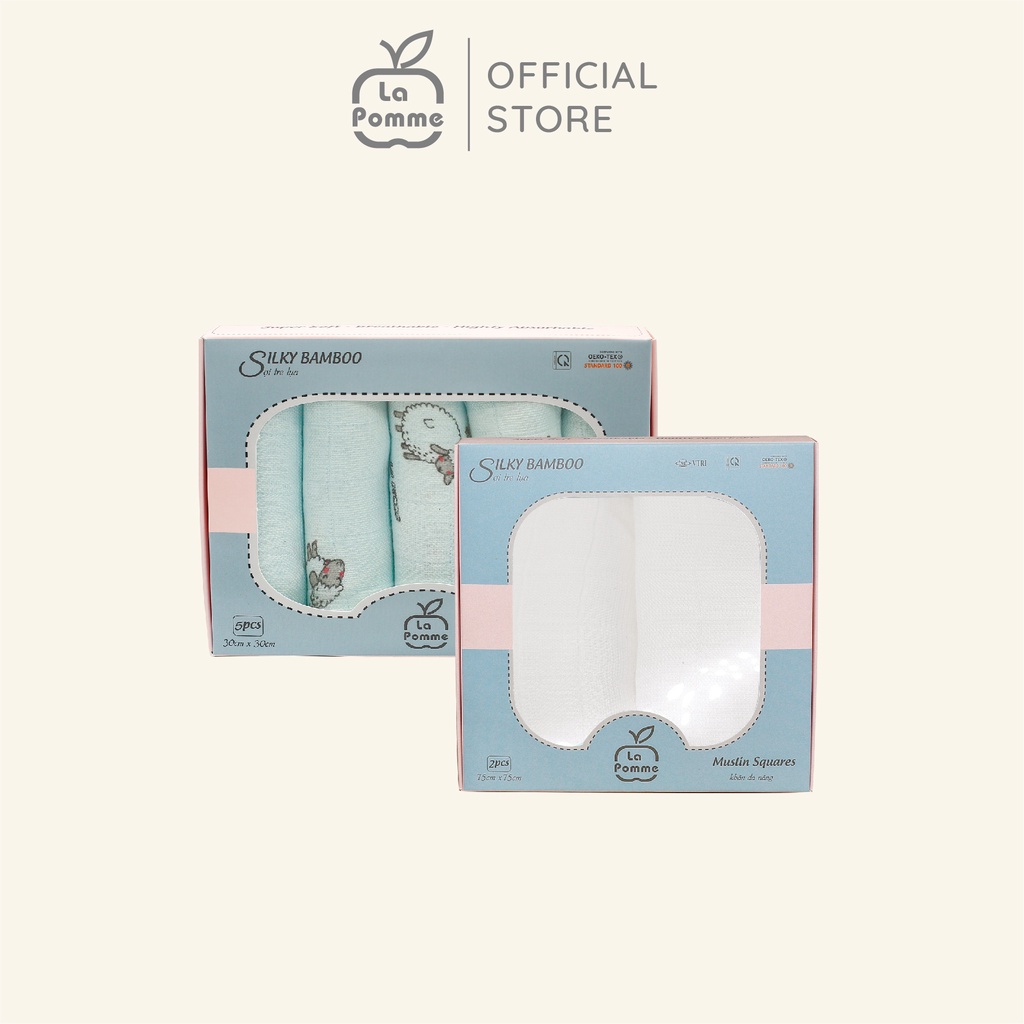 Combo 2 - K001 Set 5 Khăn sữa (30x30cm) Blue Sheep + K002 Set 2 Khăn đa năng sợi tre lụa La Pomme (75x75cm) - màu Trắng