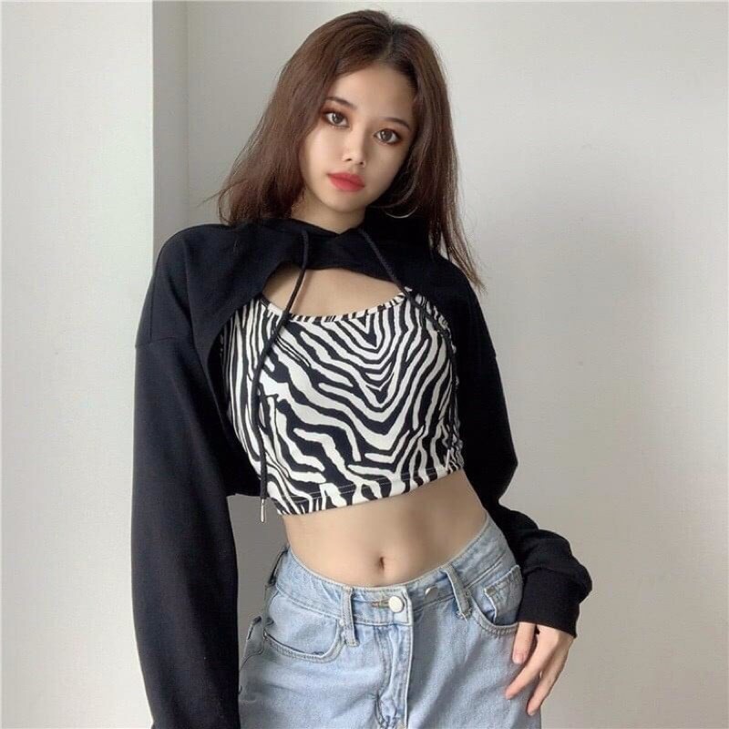 Set áo croptop 2 dây vằn kèm hoodie khoét ngực đen tay dài (ảnh thật)