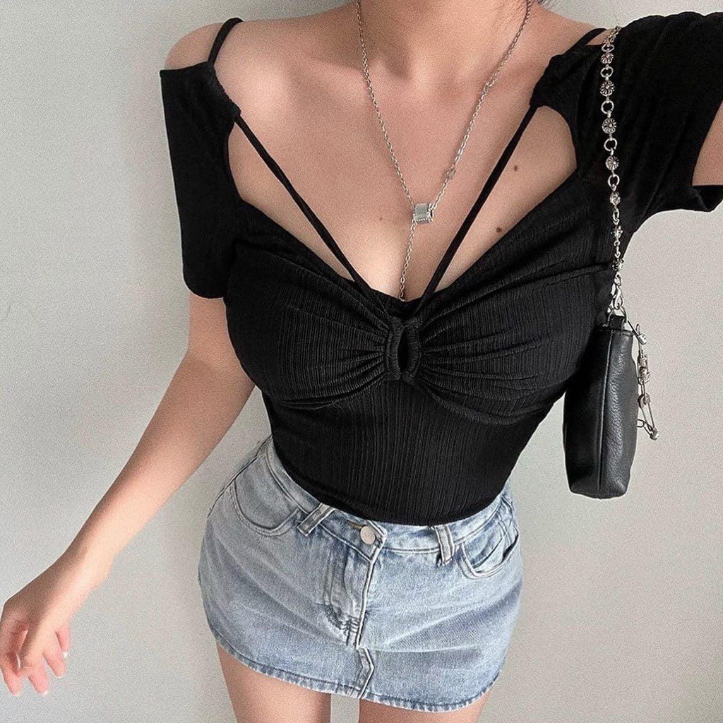 Áo xốp croptop tay ngắn cổ tim luồn dây vai cực hot , chất thun xốp mềm mịn