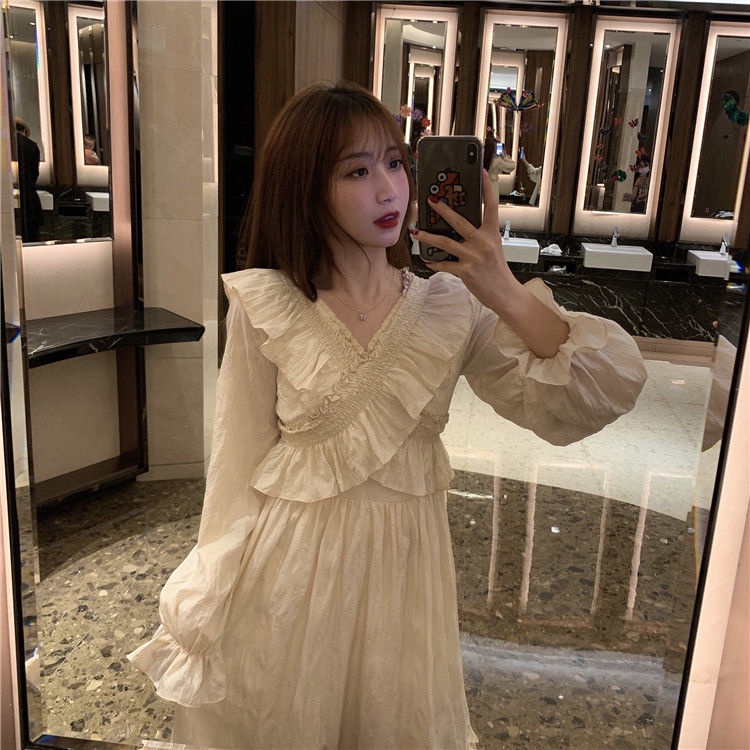 Đầm Tay Dài Cổ Chữ V Phối Bèo Thiết Kế Mới Thời Trang Mùa Thu Dành Cho Nữ