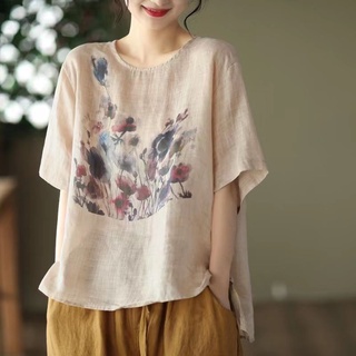 Áo thun cotton lanh mỏng mùa hè tay lửng dáng rộng in họa tiết mực cổ điển hàng mới 2022