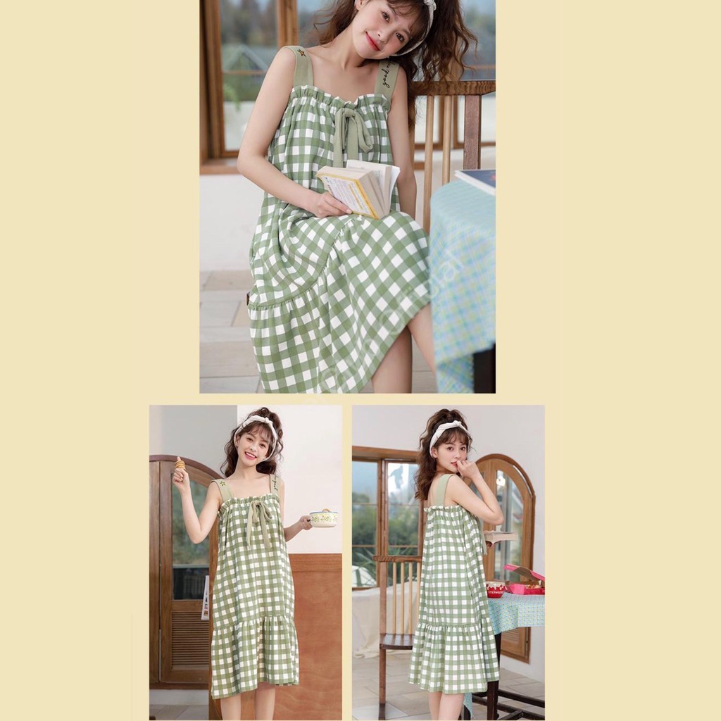 Váy Ngủ Hai Dây Dáng Suông Qua Gối, Đầm Ngủ Thun Cotton Kèm Nơ Nigma | BigBuy360 - bigbuy360.vn