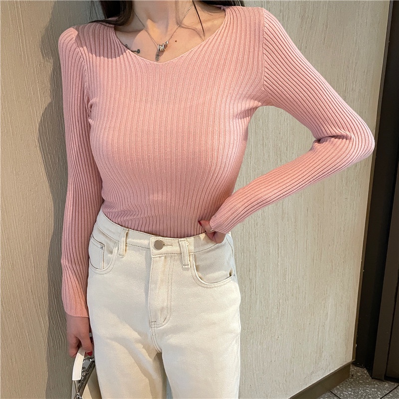 Áo Len Tay Dài Cổ Chữ v Màu Sắc Đơn Giản