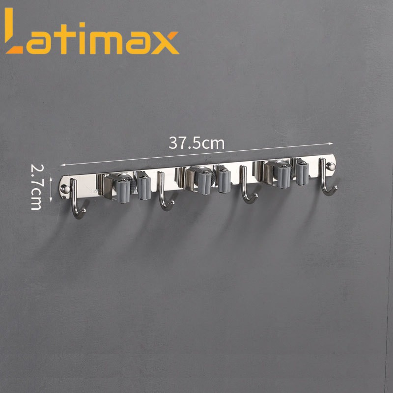 Thanh Treo Đồ Đa Năng 4 Móc 3 Kẹp Chổi Latimax Inox 304 Dán tường Siêu chắc tặng kèm keo dán chuyên dụng