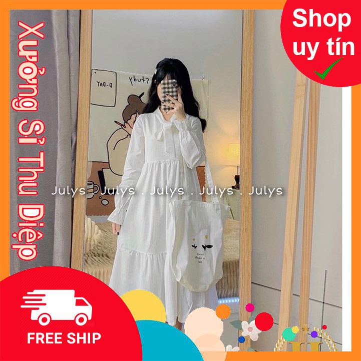 Váy trắng suông dài cổ thắt nơ HSU1220 HÀNG CHẤT LƯỢNG