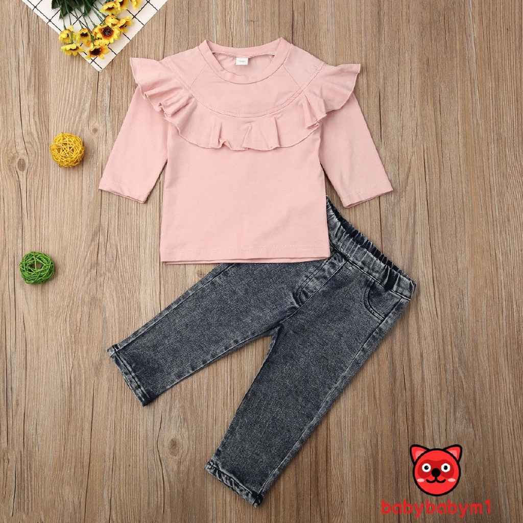 Set áo cotton tay dài pha bèo kèm quần denim dạo phố cho bé gái