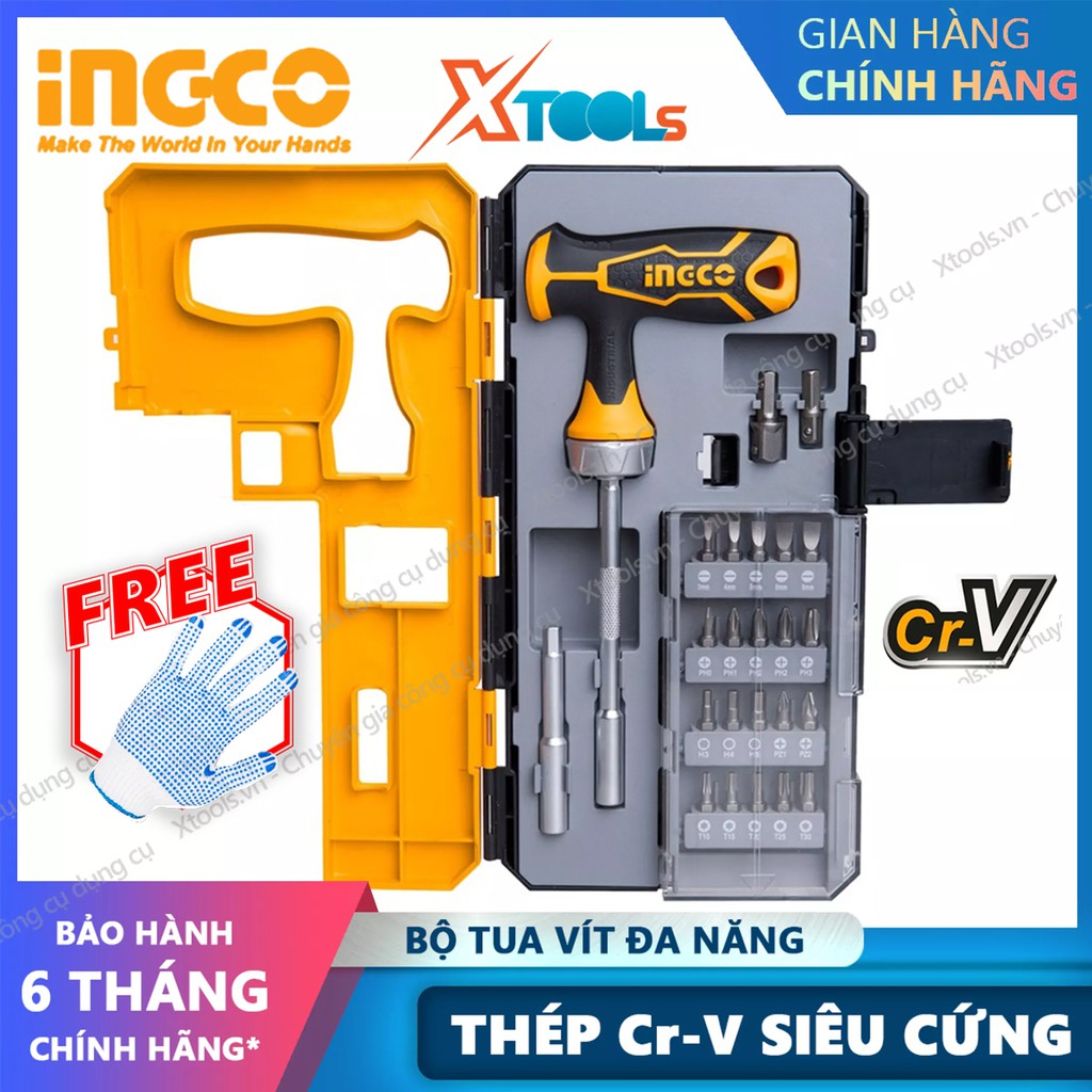 Bộ tua vít tay cầm chữ T 25 chi tiết đa năng INGCO HKSDB0258 đóng mở 2 chiều tự động có nam châm sửa điện thoại máy tính