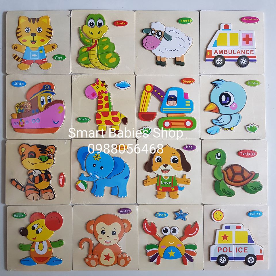 Đồ chơi gỗ - Ghép hình ít mảnh cho bé từ 2 tuổi nhiều hình động vật, trái cây, xe cộ