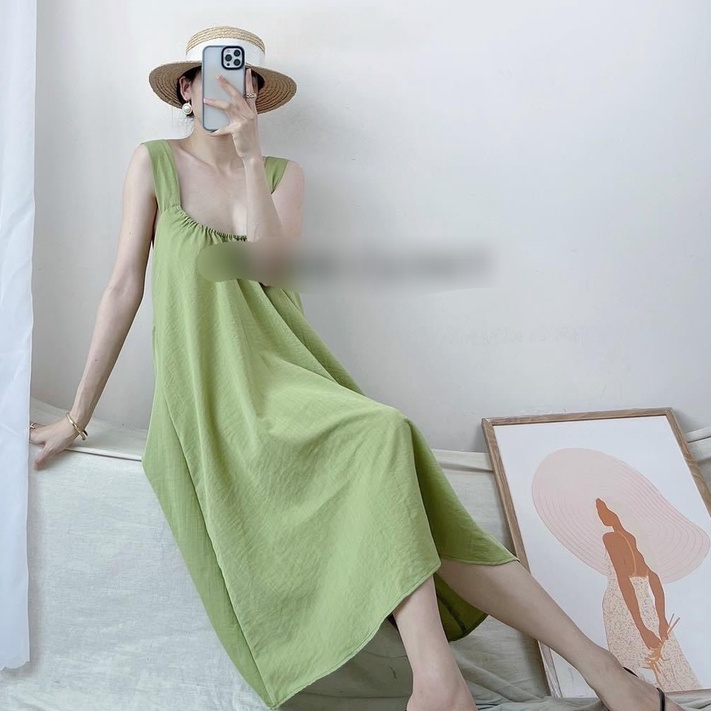 Váy maxi nữ đi biển suông dài du lịch dạo phố cổ vuông chéo lưng