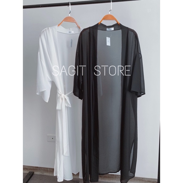 ÁO KHOÁC KIMONO ĐI BIỂN ĐEN TRẮNG DÁNG DÀI RỘNG KÈM ĐAI EO FREESIZE 45-85kg