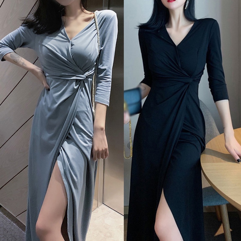 Đầm Dáng Dài Ôm Eo Xẻ Tà Phối Dây Thắt Duyên Dáng Nữ Tính