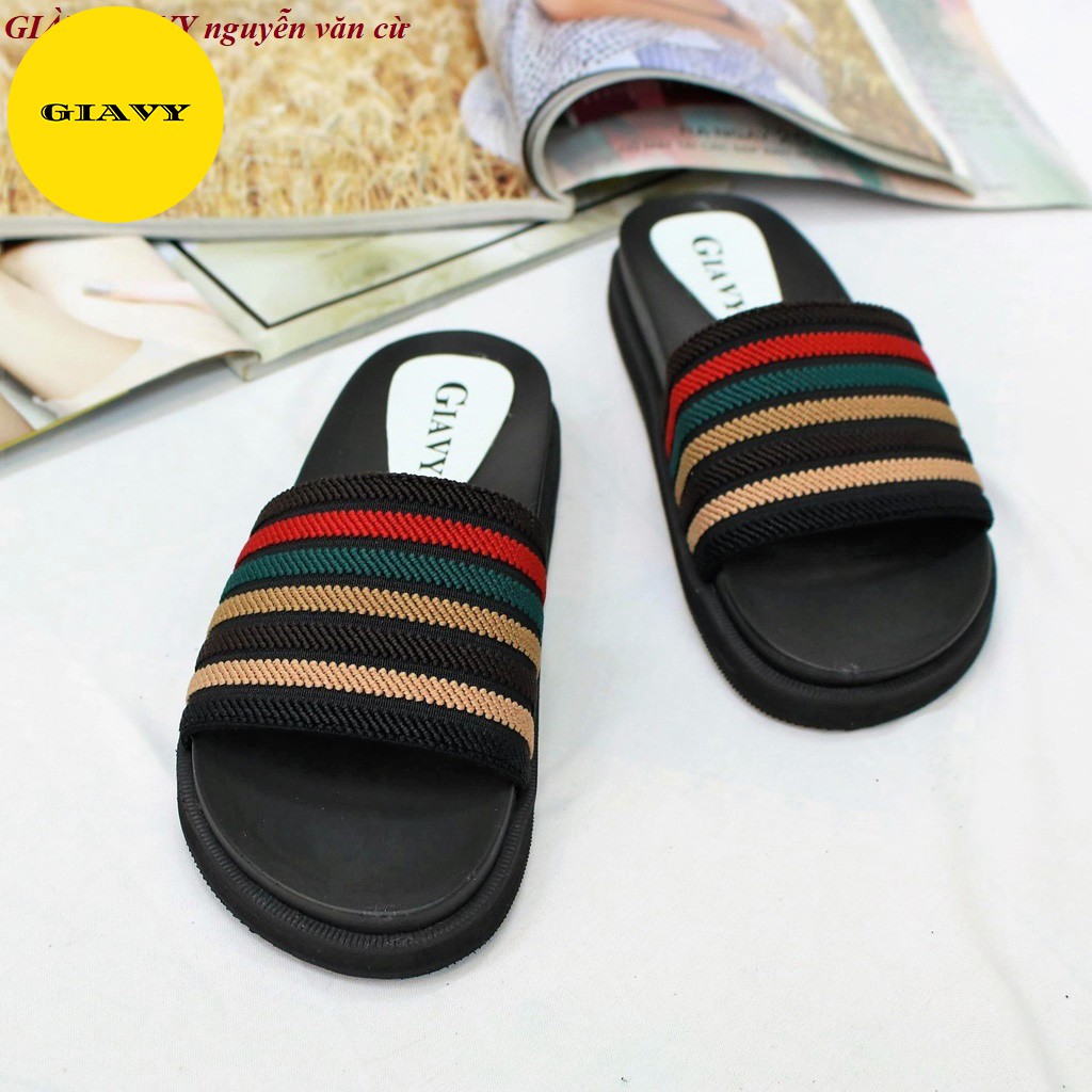 Dép nữ quai ngang sọc mix màu xinh xắn, đế cao  A82 - GIÀY GIAVY