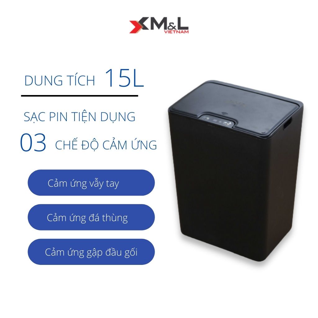 Thùng rác cảm ứng 3 chế độ thông minh M&amp;L-FH-2 phong cách Hàn Quốc - 15 lít - Màu Đen