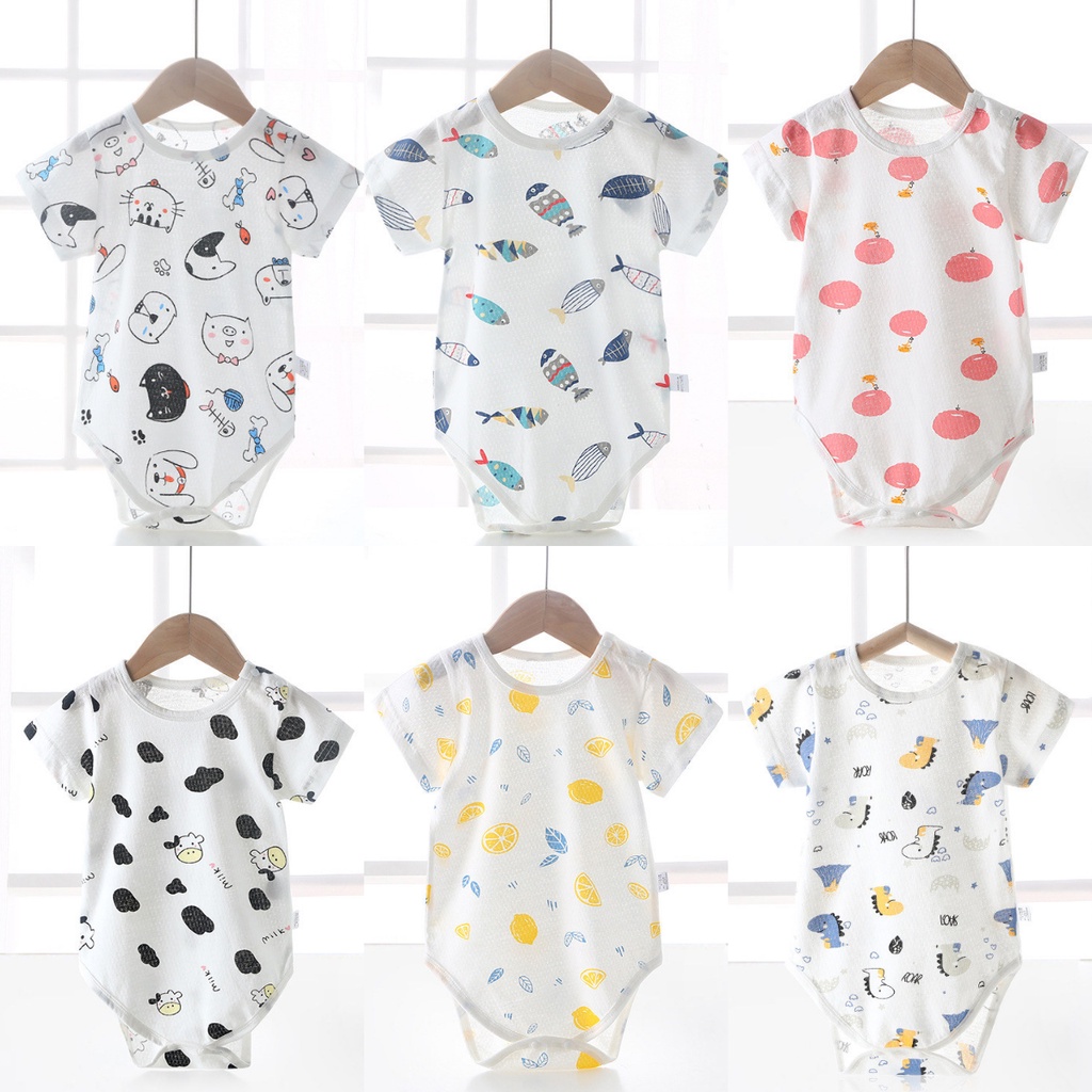 Bộ Áo Liền Quần Tam Giác Vải Cotton Mỏng In Hoạt Hình Dễ Thương Cho Bé Trai Gái 0-24 Tháng Tuổi