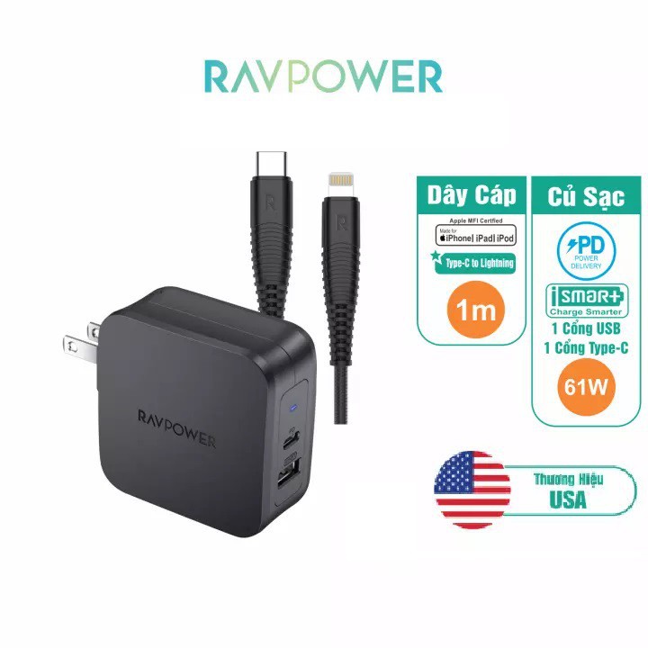 Bộ sạc nhanh Iphone 61W PD chính hãng RAVPOWER Bảo hành 1 đổi 1 Cáp sạc chuẩn USB to Type C Ravpower RP-CB046