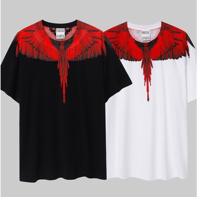 Áo Thun Cotton Tay Ngắn Màu Đen In Hình Đôi Cánh Đỏ Và Đỏ Thời Trang