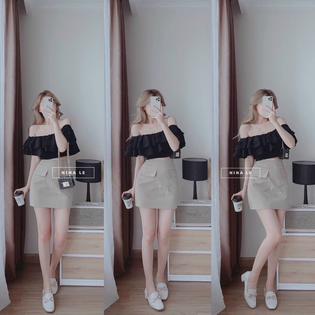 Sét áo bèo trễ vai phối chân váy ngắn gợi cảm xinh xắn