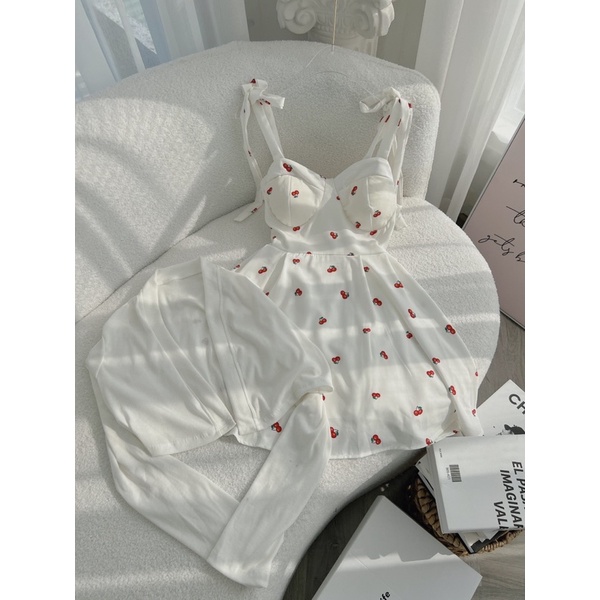 SET ĐẦM CHERRY CÚP NGỰC NƠ VAI + ÁO KHOÁC CROPTOP