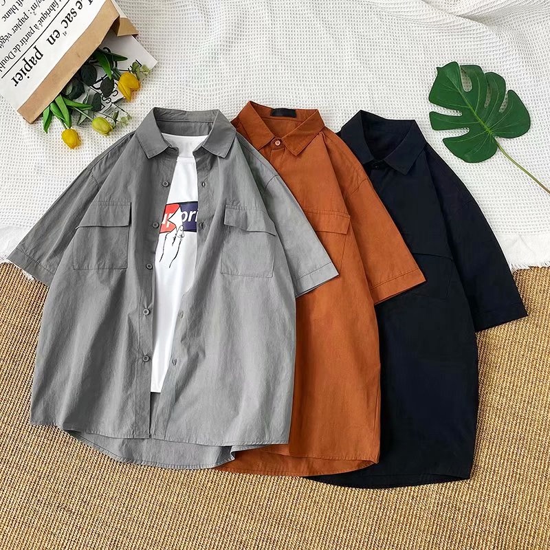 Áo sơ mi tay ngắn cổ bẻ màu trơn dáng rộng thời trang Hàn Quốc cho nam