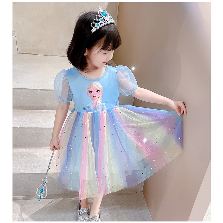 Váy xinh bé gái 1-8 tuổi đầm công chúa thời trang ngắn tay cầu vồng vải tuyn Frozen Elsa mùa hè cho bé trẻ em