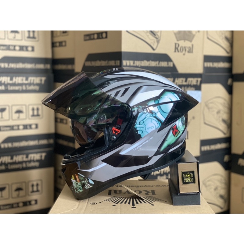 MŨ FULLFACE 2 KÍNH M266 ĐEN BÓNG LÊN TEM HÃNG XE XÁM BẠC CỰC ĐẸP, MUA 1 NÓN TẶNG 1 Quà, BH 12 tháng