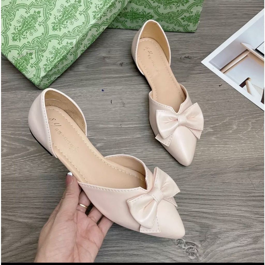 Giày búp bê nữ mũi nhọn đính nơ khoét eo cực xinh