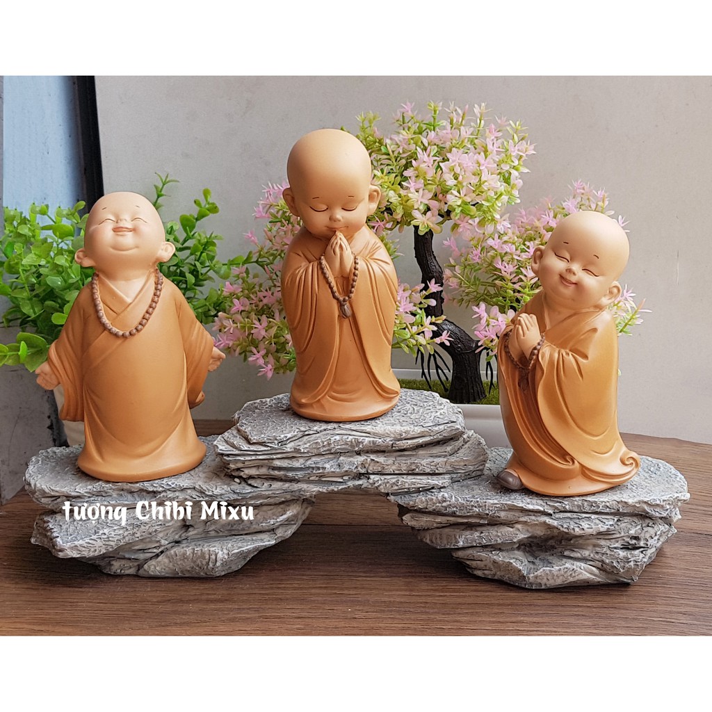 Bộ 03 tượng chú tiểu áo nâu - mẫu chú tiểu đứng đeo chuỗi 13cm