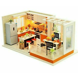 Kèm mica - Mô hình nhà gỗ búp bê dollhouse DIY - K032 Bếp hiện đại