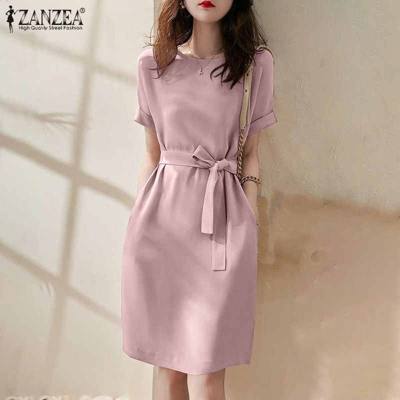 Đầm ZANZEA ngắn tay cổ tròn màu trơn thanh lịch tao nhã cho nữ