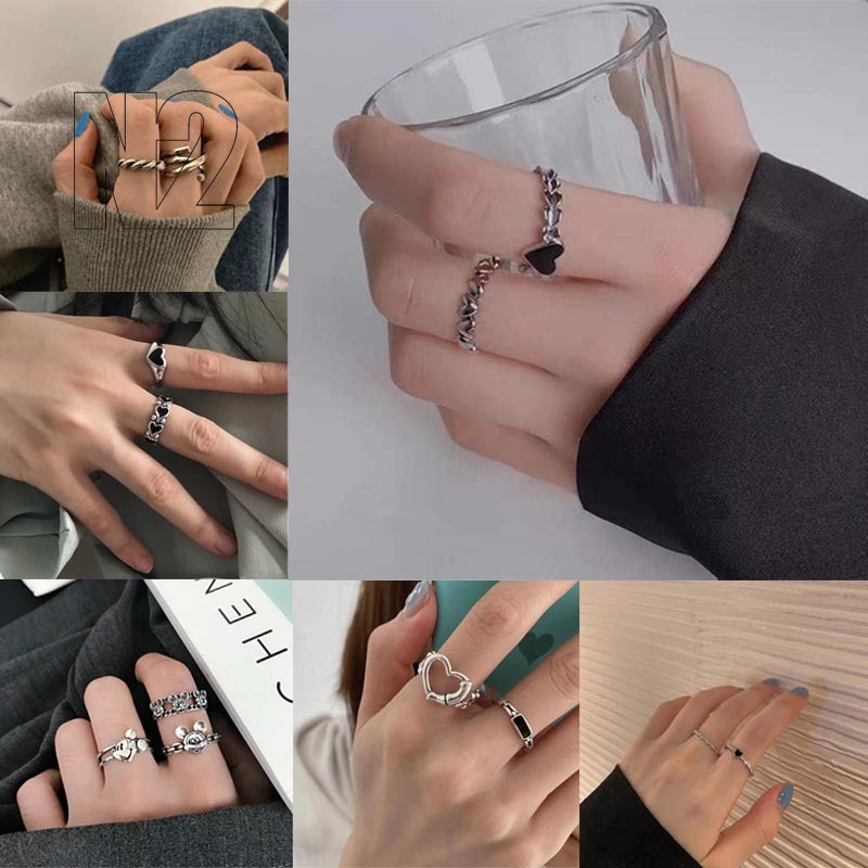 Set nhẫn hợp kim mạ bạc hình trái tim thời trang