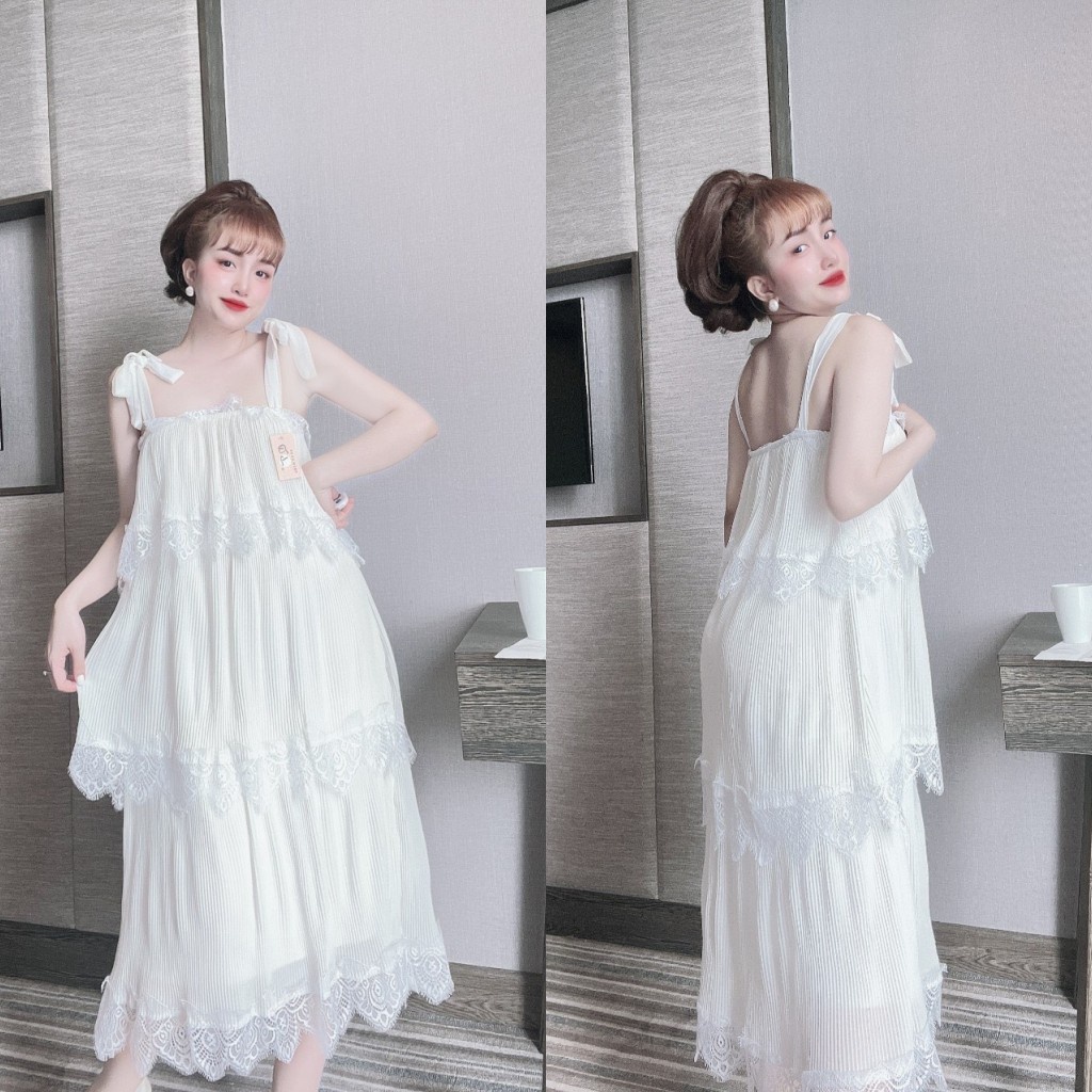 Váy ngủ sexy phối ren tầng Linqustore, vải chiffon cao cấp xếp ly dây cột  Freesize 40-60kg