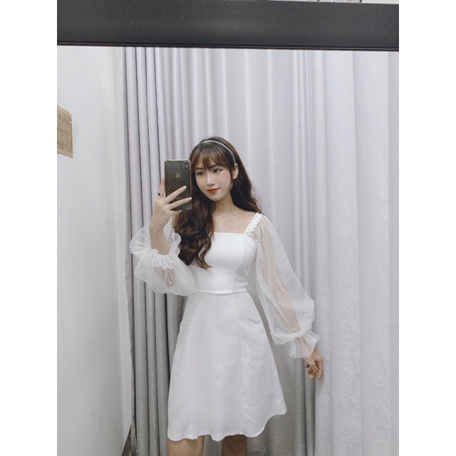 Đầm nữ dự tiệc, dạo phố trắng tay phồng kết hạt siêu dễ thương | BigBuy360 - bigbuy360.vn