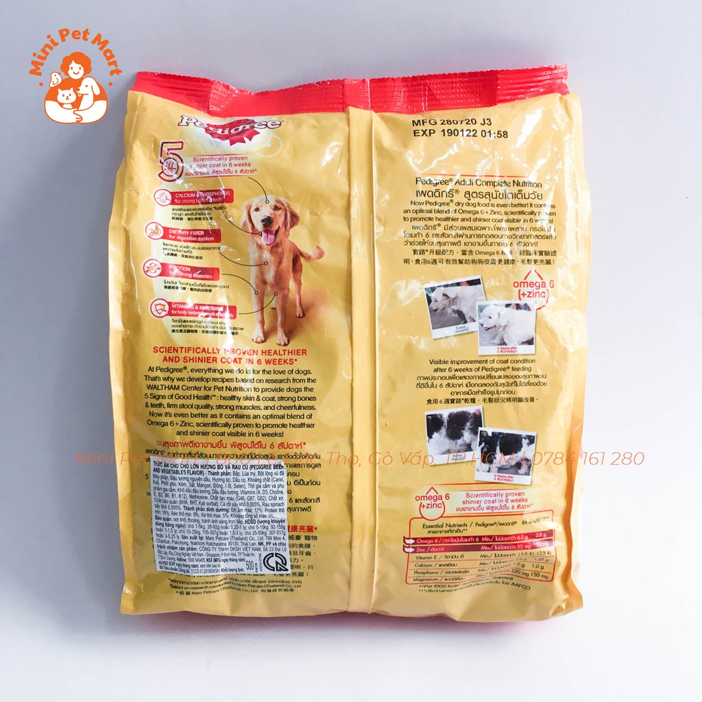 Thức ăn hạt khô cho chó trưởng thành PEDIGREE 500g - Vị thịt bò và rau củ