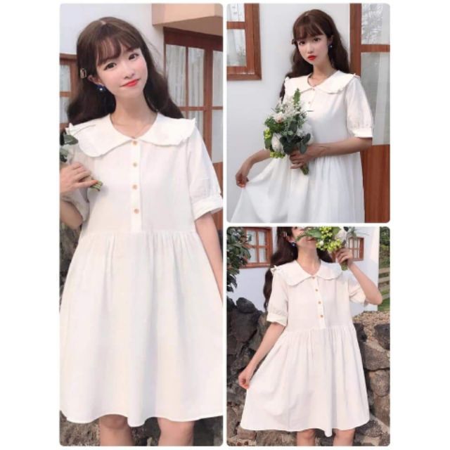 Đầm babydoll trắng cổ bèo