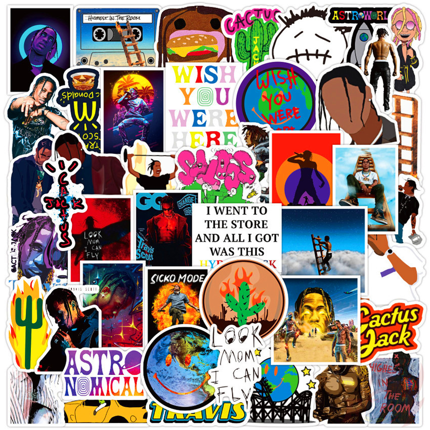 Set 50 Nhãn Dán Phong Cách Rapper Travis Scott Dùng Trang Trí Hành Lý / Laptop Không Thấm Nước Tiện Lợi