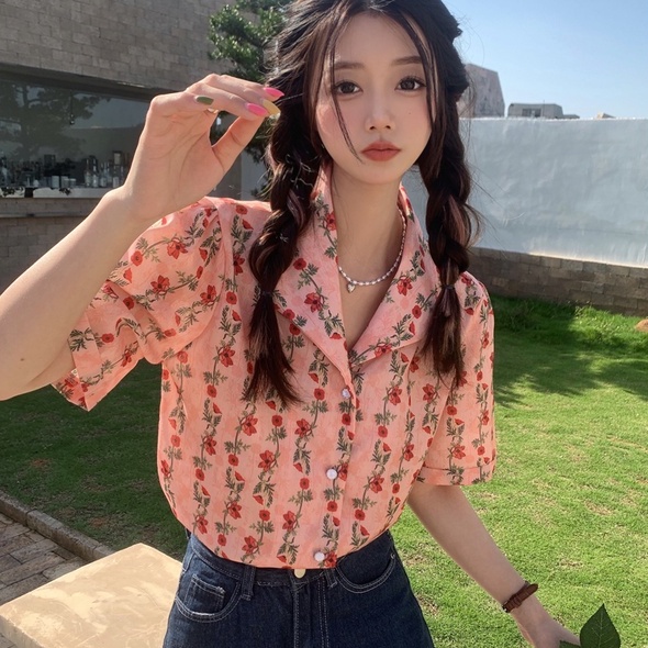 【ZHELIHANGFEI】Áo Sơ Mi Hoa Dài Tay Lưng Cao Xinh Xắn Dễ Phối Đồ