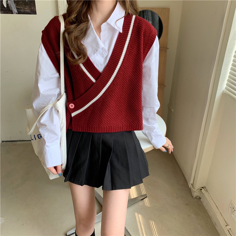 Áo Len Không Tay Cổ Chữ V Dáng Rộng Phong Cách Hàn Quốc Thời Trang