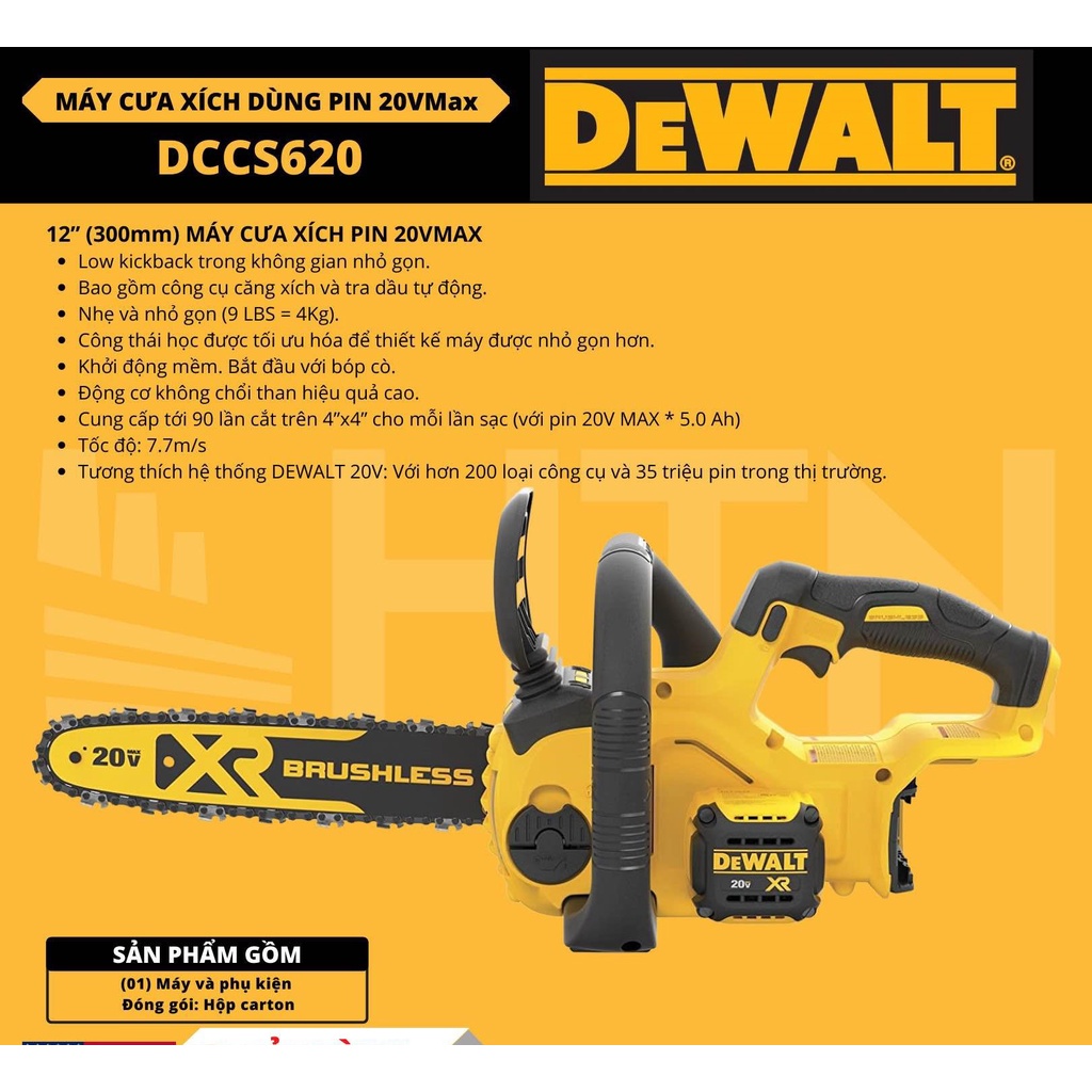 THÂN MÁY CƯA XÍCH 12"  PIN BL 18/20V DEWALT DCCS620  - CHÍNH HÃNG  MAX* 12 in. Brushless Chainsaw