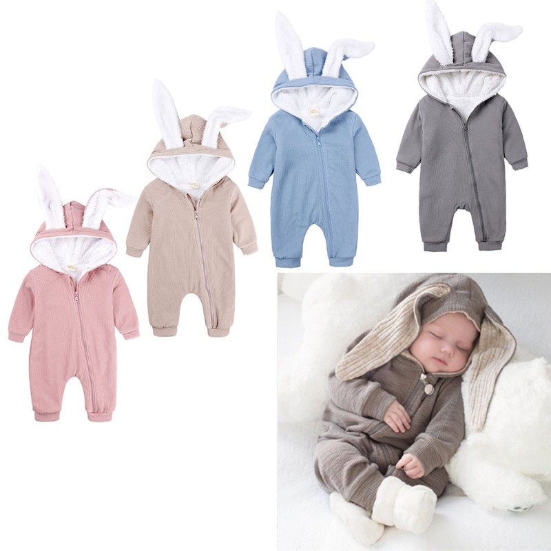 Jumpsuit Nón Phối Tai Thỏ Giữ Ấm Cho Bé