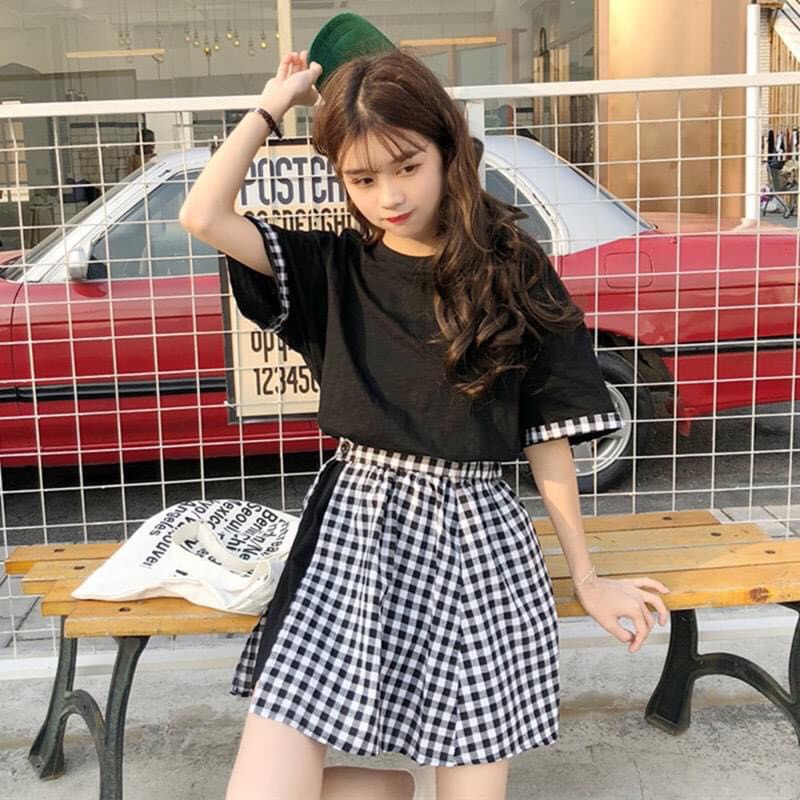 (HÀNG QC) SET ÁO VÁY VIỀN KẺ XẺ TÀ MIX CHÂN VÁY CARO ĐEN TRẮNG MẶC 2 KIỂU ULLZANG | BigBuy360 - bigbuy360.vn