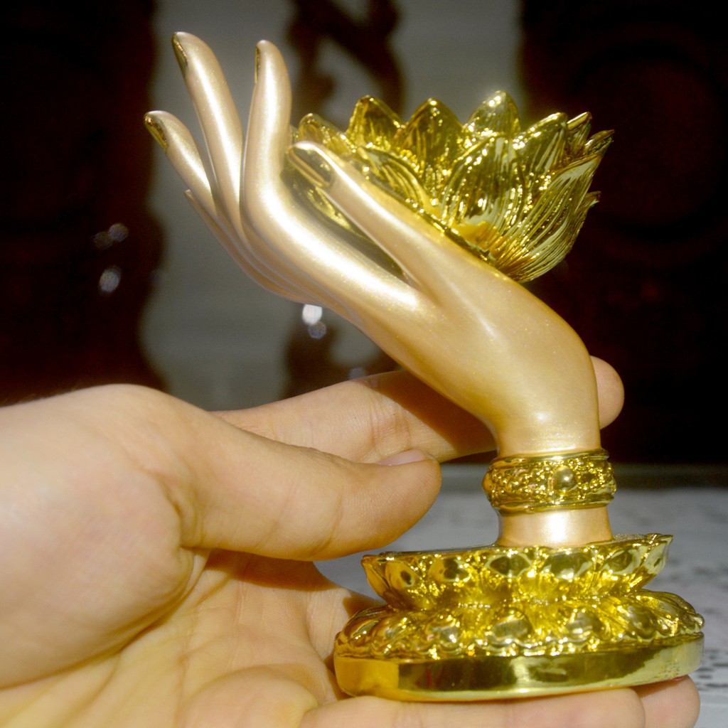 Tượng bàn tay Phật nâng hoa sen xi vàng cao 12cm