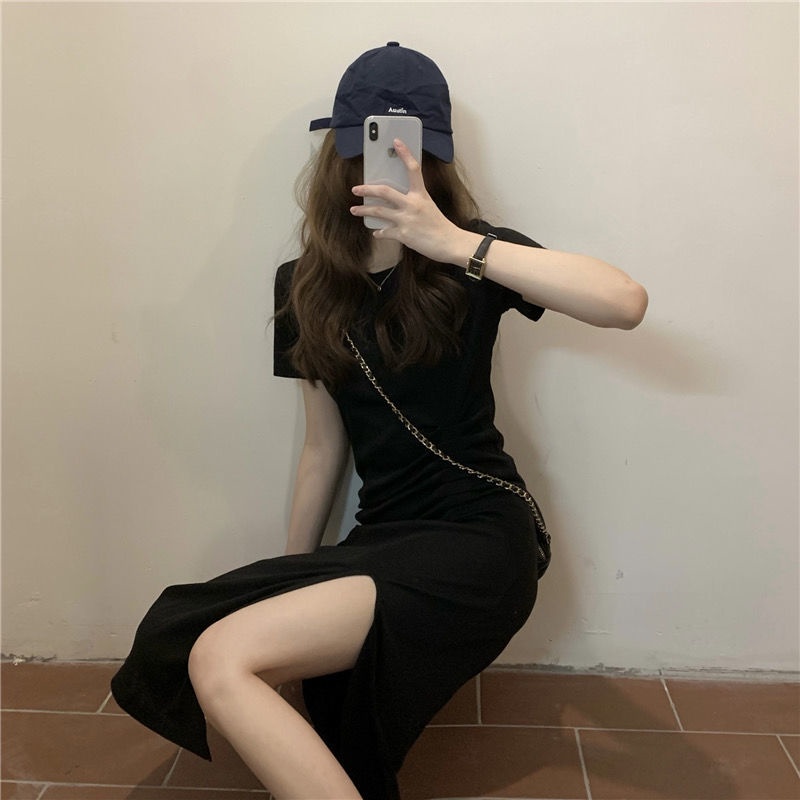 Đầm nữ IELGY tay ngắn dáng ôm màu trơn xẻ tà thời trang Hàn Quốc