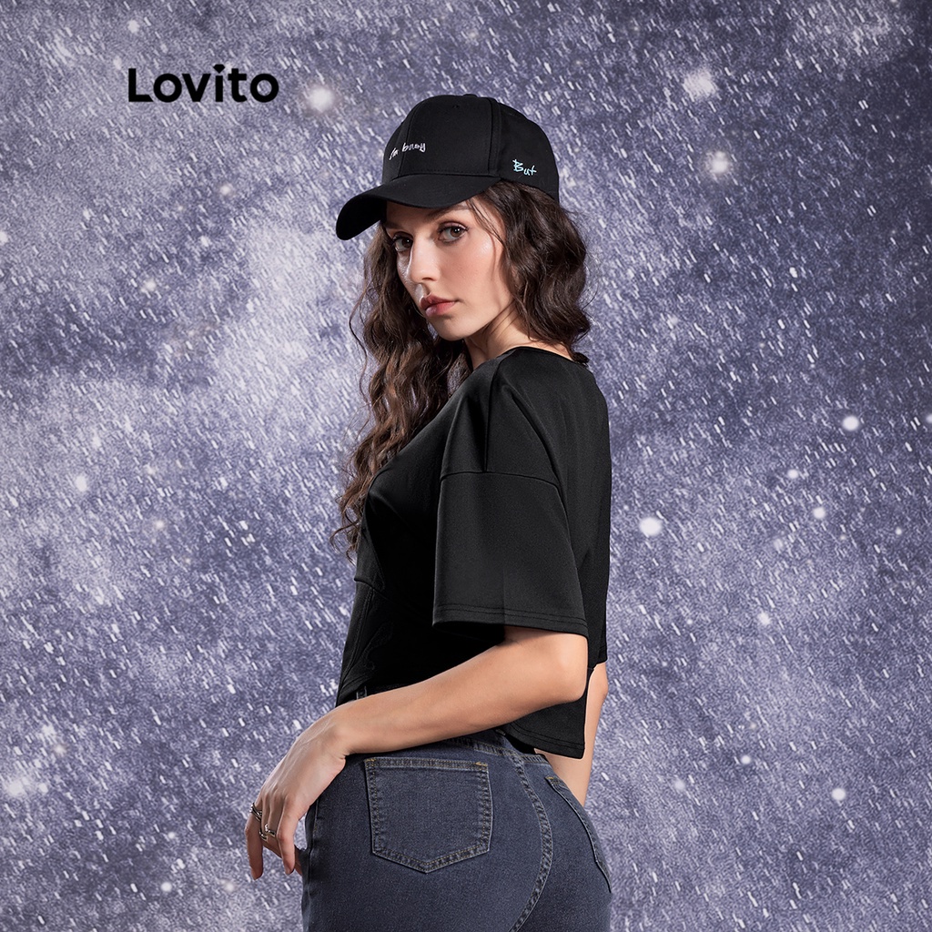 Lovito STAR GIRL Preppy Animal Pyrograph Pin Keyhole Đường viền cổ áo nữ Áo phông L32AE040 (Đen)