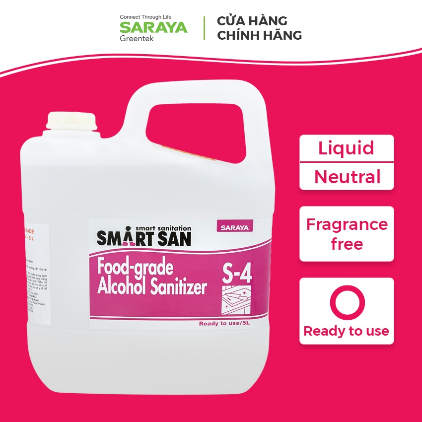 Cồn Sát Khuẩn SARAYA Smart San Food Grade Alcohol Sanitizer S-4 (Dùng Trong Thực Phẩm) - CAN 5 LÍT