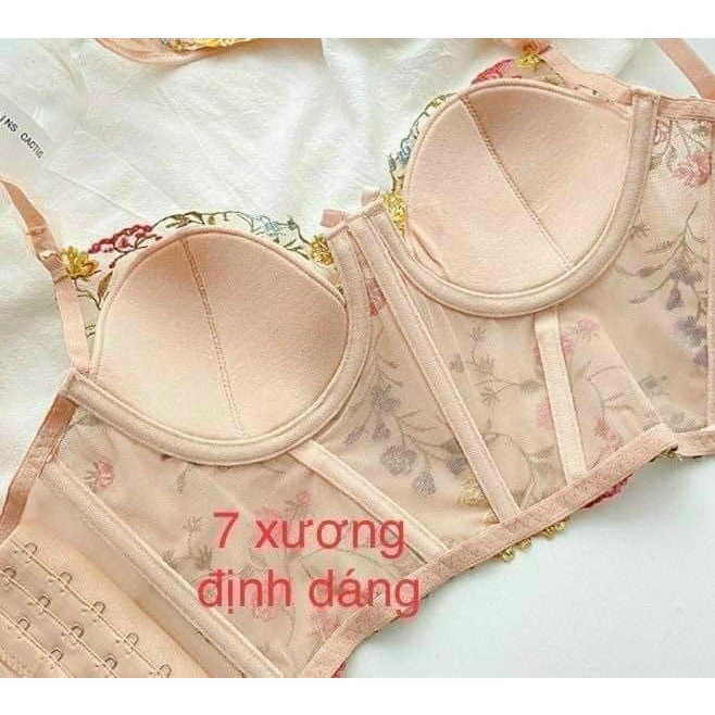 Áo lót nữ bra latex thêu ren hoa nổi màu hồng nude nâng ngực 7 xương định dáng hàng xuất dư cao cấp